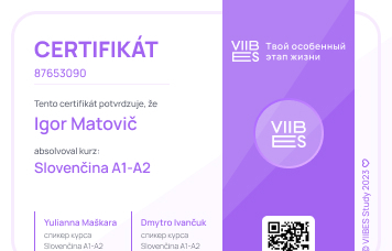 Сертификат по окончанию курса словацкого VIIBES Study